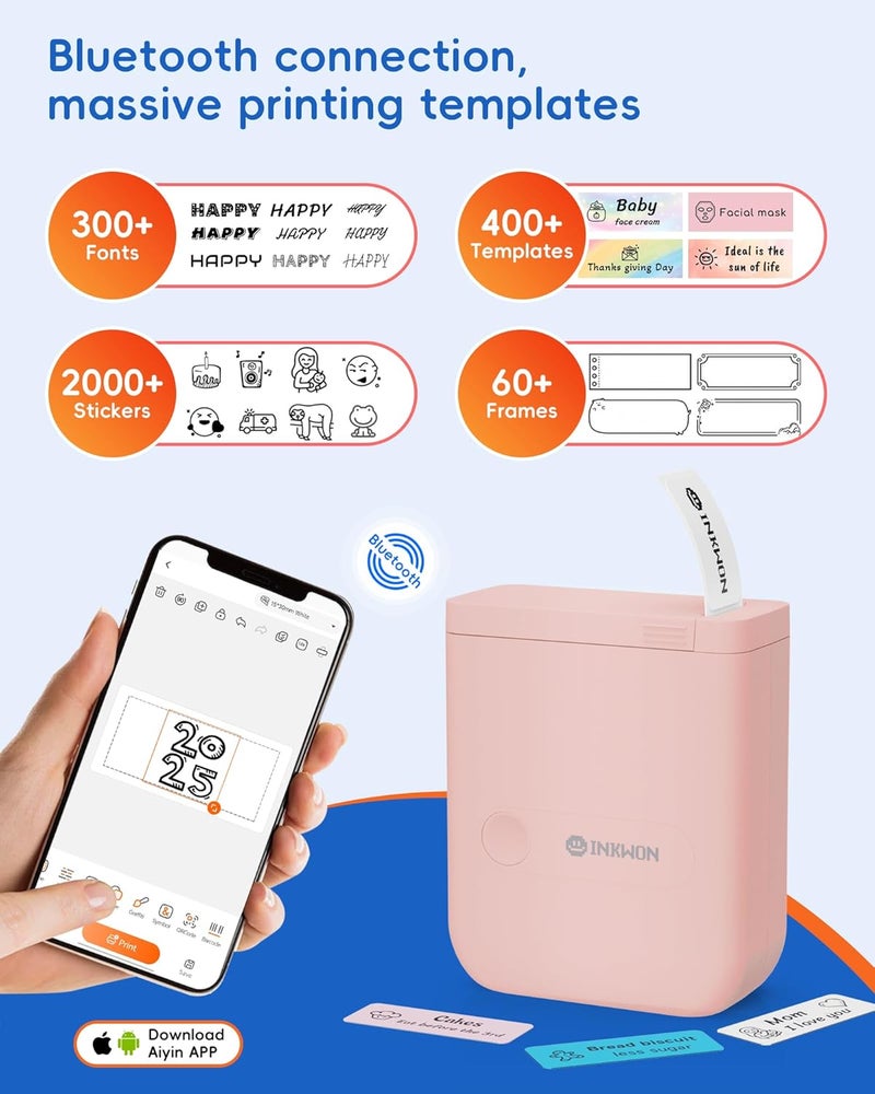 InkWon D110 Label Maker Machine with Tape, Bluetooth Mini Label Maker with Various Templates, Wireless Portable Small Label Printer for Home, Office, Schoo, Pink - Image 2